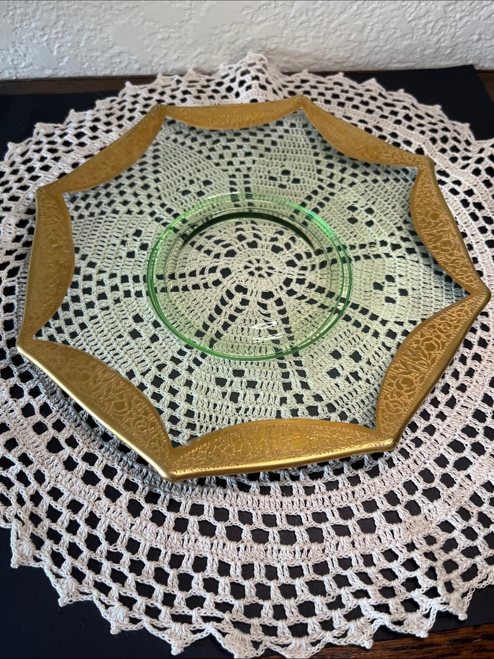 Vintage Tiffin Franciscan Green Depression Glass Octagonal Plate Gold Encrusted